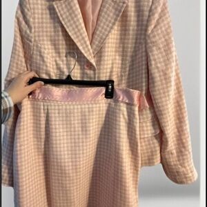 Apostrophe Pink  White Plaid Tweed  suit skirt Y2K Bow Accent Cropped sz 16